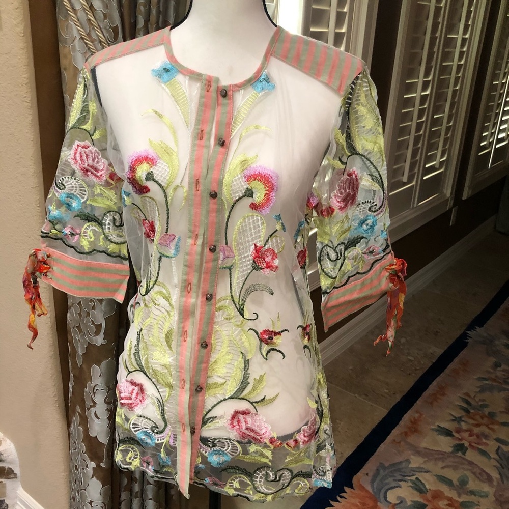 Aratta Silent Journey Sheer Embroidered Shirt NWT